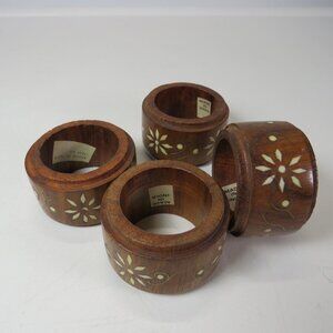 Vintage Wooden (4) Napkin Rings Set Inlay Floral Starburst Folk Art Scandinavian
